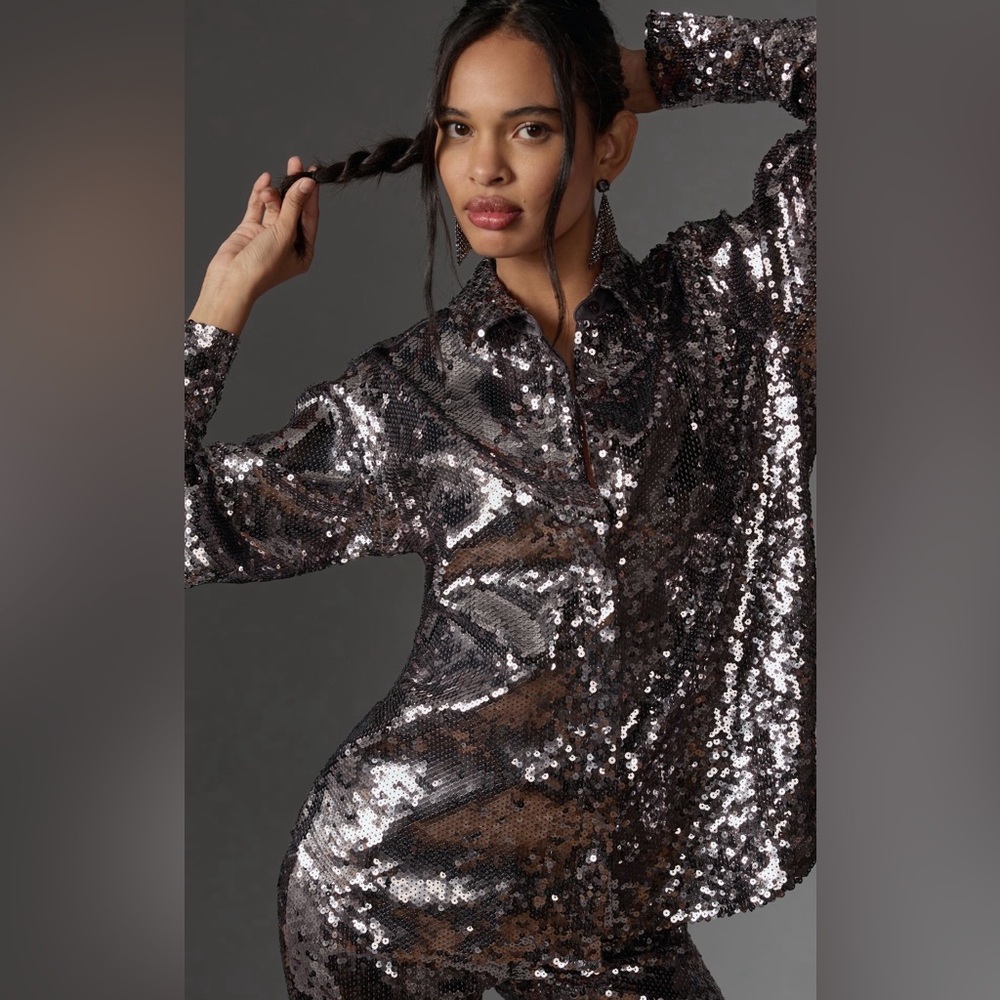Good American Sequin Party Buttondown Shirt
